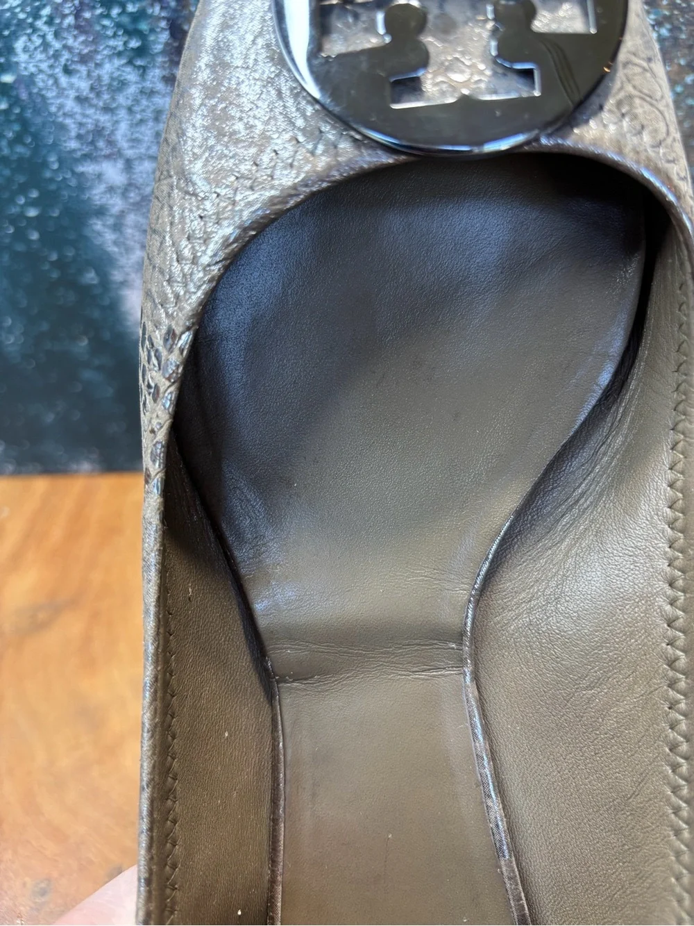 Tory Burch Late 2000’s Classic Metallic Silver Snakeskin Ballet Flats Sz 11 GUC